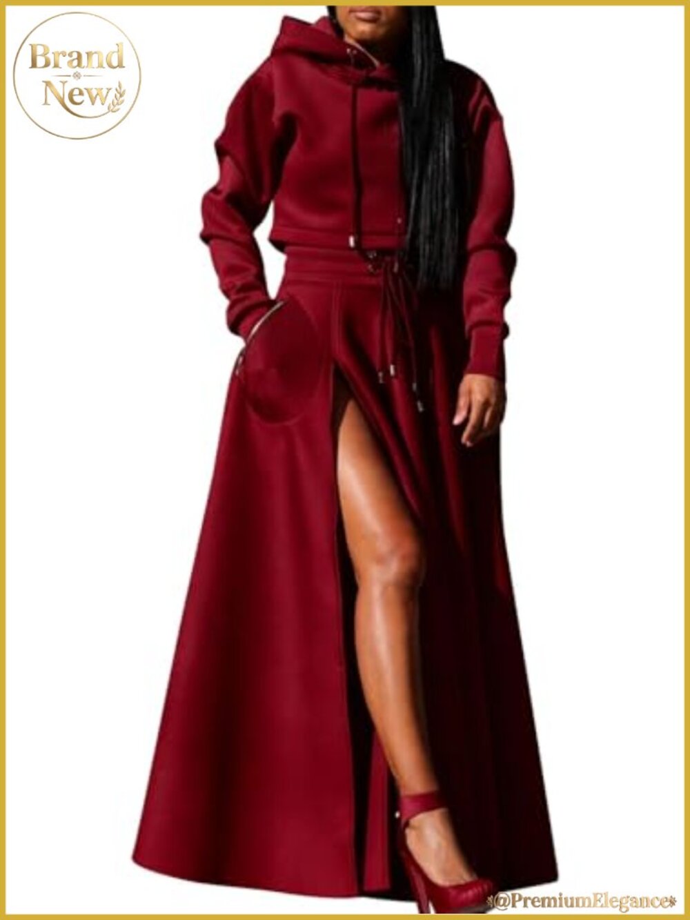 Women's Hooded Sweatsuit Set Long Sleeve Hoodie High Waist Maxi Skirt